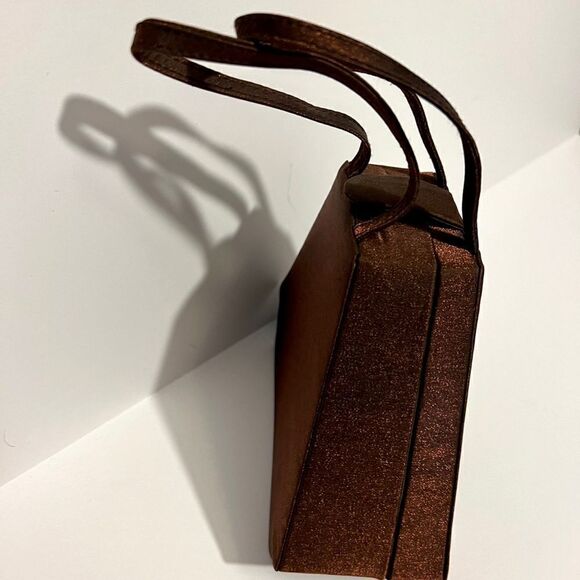 Super Unique Vintage 80s / 90s Brown 3D Trapeze Metallic Cloth Evening Handbag - Picture 5 of 8